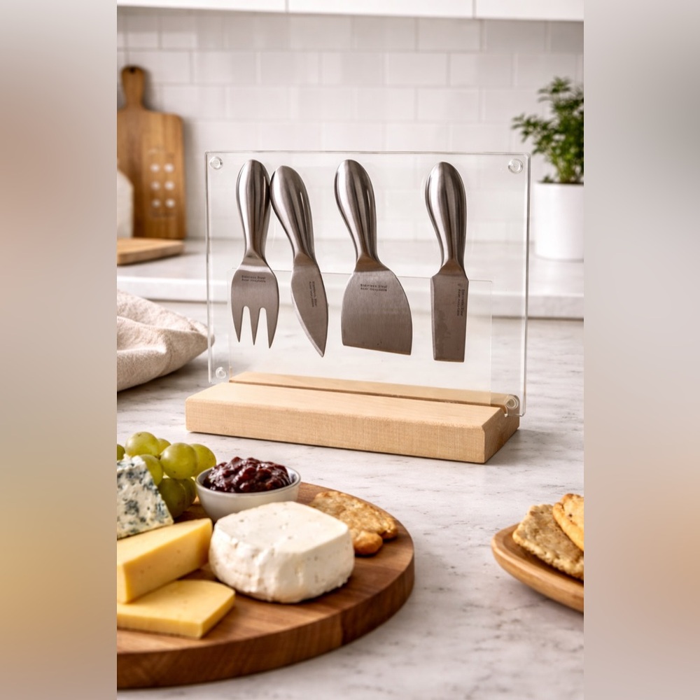 Stainless Steel Cheese Knife Set with Wooden Stand – Perfect for Entertaining